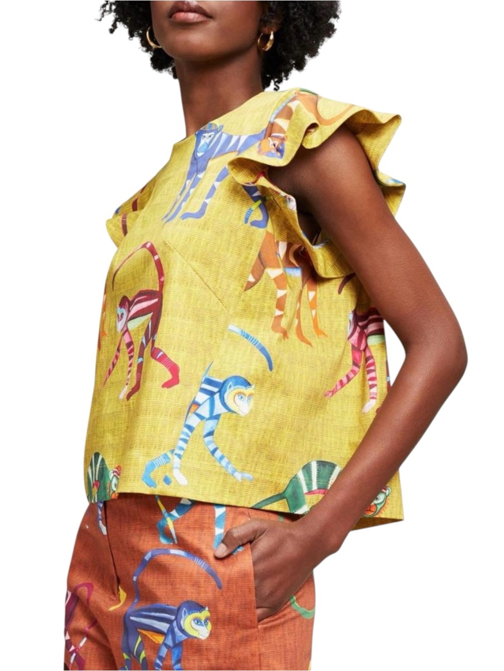 Stella Jean Monkey Print Ruffle Sleeve Yellow Top IT 46 US 10